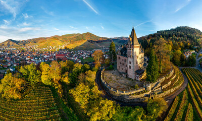 Colorful landscape aerial view of little village Kappelrodeck in Black Forest mountains. Beautiful medieval castle Burg Rodeck. - 393984186