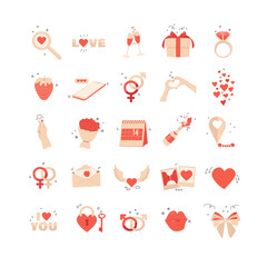 Set of vector hand drawn isolated icons for valentine's day. Love and relationship concept, 14th of February. Gift, heart, calendar, hands, champagne, bouquet of flowers. Red and beige colors, EPS 10
