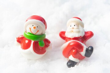 Santa claus and snowman on snow happy Christmas and happy new year day	