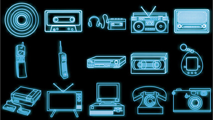 A beautiful abstract neon bright glowing icon, a signboard from a set of old retro electronics from the 70s, 80s, 90s and copy space on a black background.  illustration