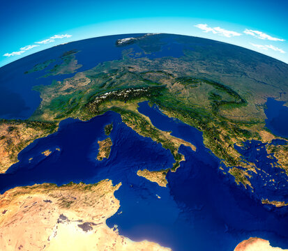 Central Mediterranean Map, Physical Map, South And Central Europe. 3d Render, Reliefs And Mountains. Mediterranean. Italy, France, Spain, Germany, Greece, Tunisia. Immigrant Landings. 