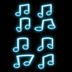 A beautiful abstract neon bright glowing icon, a signboard from a set of notes, musical knittings of different shapes and copy space on a black background. 
