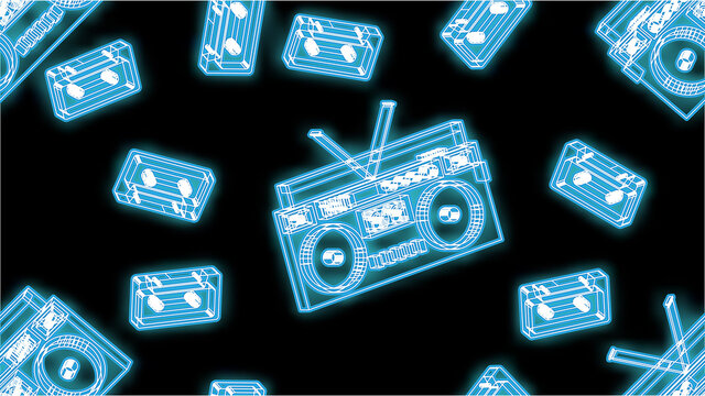 Seamless pattern, texture of beautiful abstract neon bright blue glowing old retro music audio recorder and cassettes from the 80s, 90s and copy space on a black background. Vector