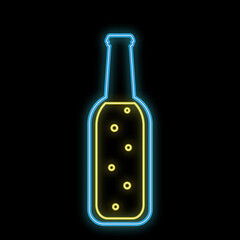 A simple abstract neon bright glowing glowing blue icon, a signboard for a bar from a half-liter beer bottle with craft beer with bubbles and copy space on a black background. illustration