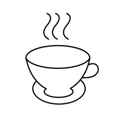 Simple abstract black and white icon of hot delicious tea in a mug with a pen and smoke and copy space on a white background. illustration