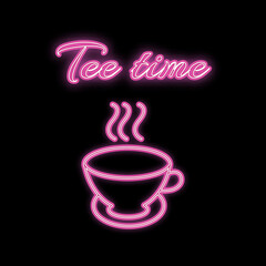 A simple abstract neon bright glowing glowing pink, purple icon, a signboard of hot delicious tea mugs and the inscription tea time and copy space on a white background. illustration