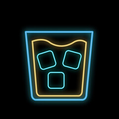 A simple abstract neon bright glowing glowing blue icon, a signboard for a bar of whiskey with ice in a glass and copy space on a black background. 