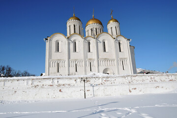 Assumption church in Vladimir town, Russia, in winter