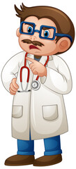 Doctor man in uniform cartoon character on white background