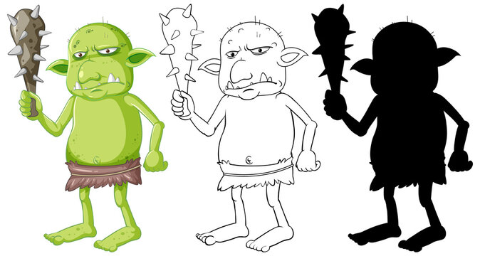 Goblin or troll holding hunting tool in color and outline and silhouette in cartoon character on white background