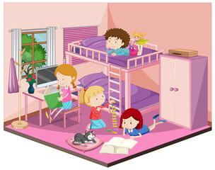 Children in the bedroom with furnitures in pink theme