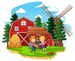 Farm with red barn and windmill on white background