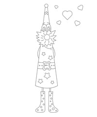 Coloring book. Fantasy character christmas gnome isolated on white background. Around hearts. Christmas gnome vector.