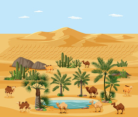 Desert oasis with palms and camel nature landscape scene