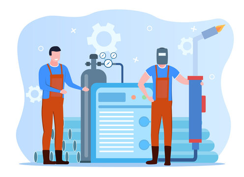 Welder and welding service concept web banner or landing page. Professional welder in protective mask and gloves. Man in uniform welding metal pipe and construction. Flat vector illustration