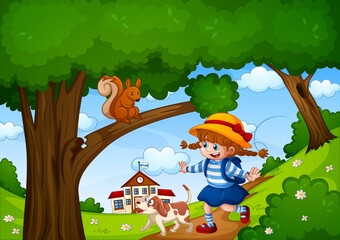 A girl with cute animal in nature garden scene