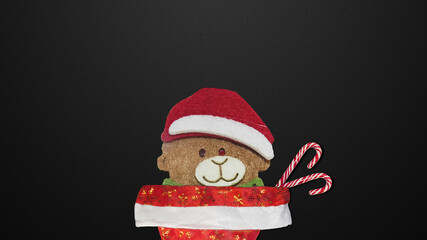 Bear in a red Santa Claus hat with sweets on a black background.                     