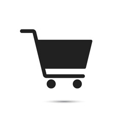 Shop cart vector icon. Add / buy or purchase UI button. Trolley symbol for online shopping basket. Web store app symbol. Black solid flat pictogram for grocery eshop. Empty internet product order V1