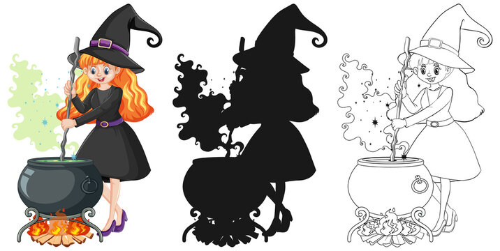 Witch with magic pot in color and outline and silhouette cartoon character isolated on white background