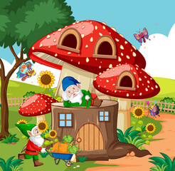 Gnomes and timber mushroom house and in the garden cartoon style on garden background