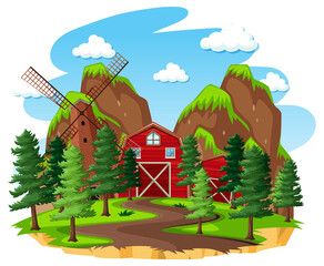 Obraz na płótnie Canvas Farm with red barn and windmill on white background