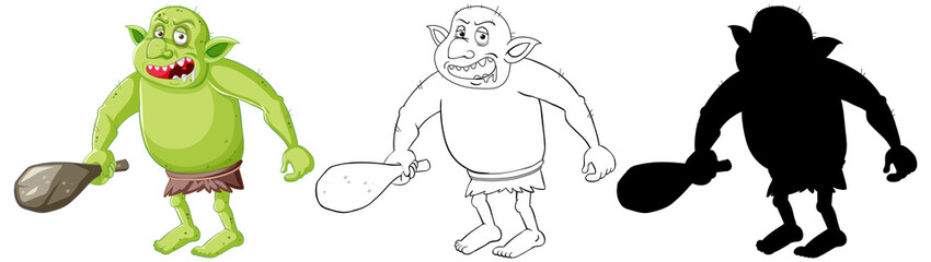 Goblin or troll holding hunting tool in color and outline and silhouette in cartoon character on white background