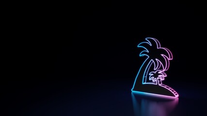 3d glowing neon symbol of symbol of island with palm trees isolated on black background