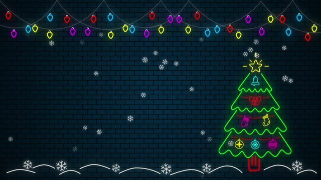 neon colorful merry christmas and happy new year animation footage decorated tree with balls and ornaments, snowfall and string lights,glove and sock and bell,illustration on a bark brick background