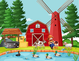 Obraz na płótnie Canvas Old MacDonald in the farm with barn and windmill scene