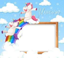Blank banner with unicorns sliding on rainbow