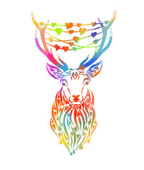Rainbow Deer with hearts on the horns. Happy Valentine's Day. With love. Vector illustration