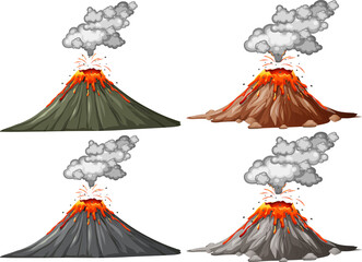 Four types of volcano eruption isolated on white background - obrazy, fototapety, plakaty