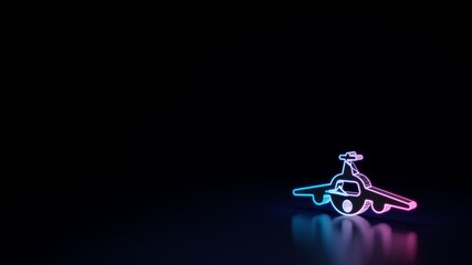 3d glowing neon symbol of symbol of airplane front view isolated on black background