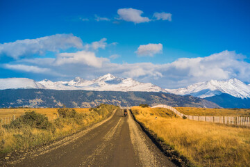 Fototapeta na wymiar Bicycle tour going through the Torres del Paine National Park.