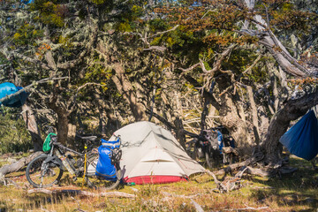 Tierra del Fuego / Argentina - 02/16/2018: Camping on a Bike tour through Patagonia.