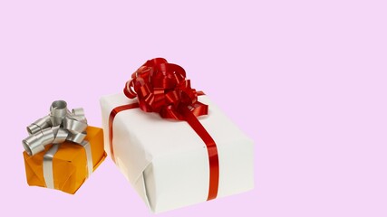 View of colorful present boxes on pink background. Christmas and New Year holidays concept background.