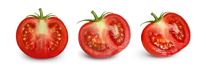 Set of fresh cut tomatoes with stem isolated on a white background. Several summer vegetables for packaging design of juice, ketchup, sauces, vegetable smoothies, preservation, sun-dried tomatoes.