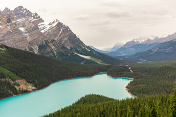 Iconic and beautiful Peyto Lake in Banff National Park, Alberta Canada. Stnning mountain landscape with clouds and glacial fed lakes below. Great for tourism, travelling, website advertisement. 