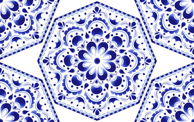 Seamless floral stylized pattern made in the technique of Russian folk art Gzhel.	
