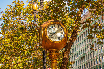 Gold clock and autumn leaves on the street of San Francisco.