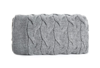 Stylish grey knitted plaid on white background