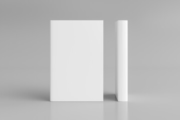 Two hardcover vertical white mockup books standing on the white background. Blank front cover and spine of book.