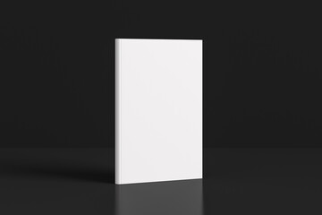 Hardcover vertical white mockup book standing on the black background.