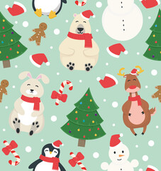 Seamless New year pattern with deer, bear, snowman, penguin, hare, gingerbread man, christmas tree. Vector illustration