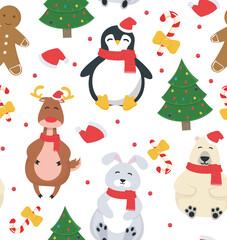 Seamless pattern. Christmas illustration with fir tree, deer, penguin, bunny, polar bear, caramel and gingerbread man. Illustration with New Year characters. Vector illustration.