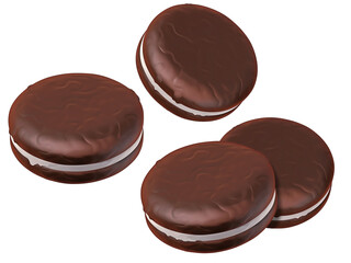 Biscotto di cioccolato scuro tondo con uno strato di crema bianca.