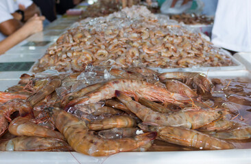 Fresh shrimp preserved in ice on the tray at the fish market. Close-up photograph of raw seafood.