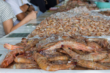 Raw saltwater shrimp preserved in ice at the fish market. Close-up photography. Ingredient for typical coastal recipes.