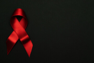 Hiv support. Red ribbon symbol in hiv world day on black background. Awareness aids and cancer. Aging Health month concept.