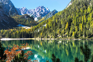 Lake in Dolomite Alps, Lago di Braies, South Tyrol, Italy